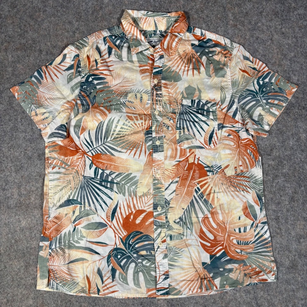 American Eagle Button Down Shirt Cotton Linen Mens L Orange Tropical Palm Leaf